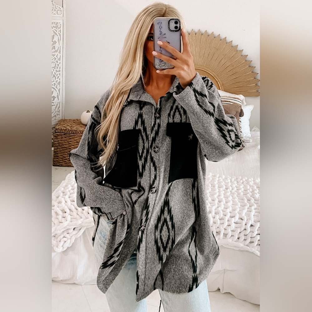 Grey Aztec Loose Oversize Fleece Shacket Layering Piece